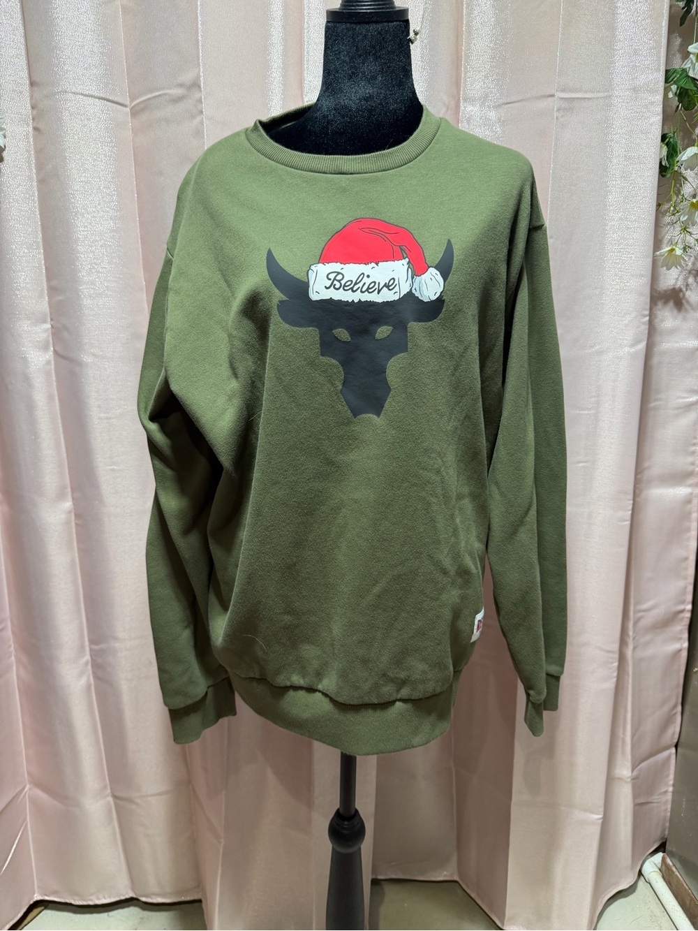 Under Armour Olive Green Crewneck Sweatshirt with Holiday Bull Graphic
